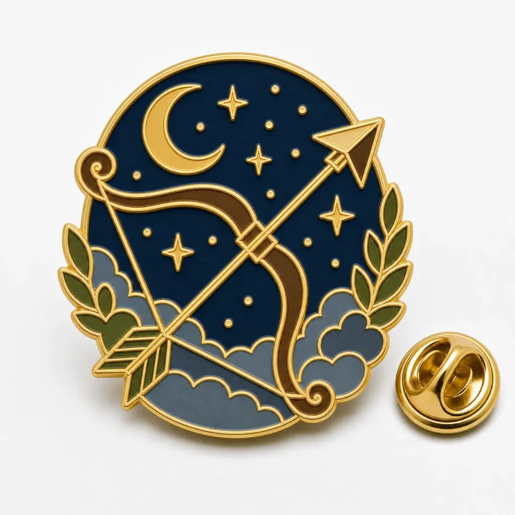 Insignia de esmalte blando del arquero de Sagitario con arco, flecha, luna, estrellas azul marino, separadores dorados y cierre de mariposa.
