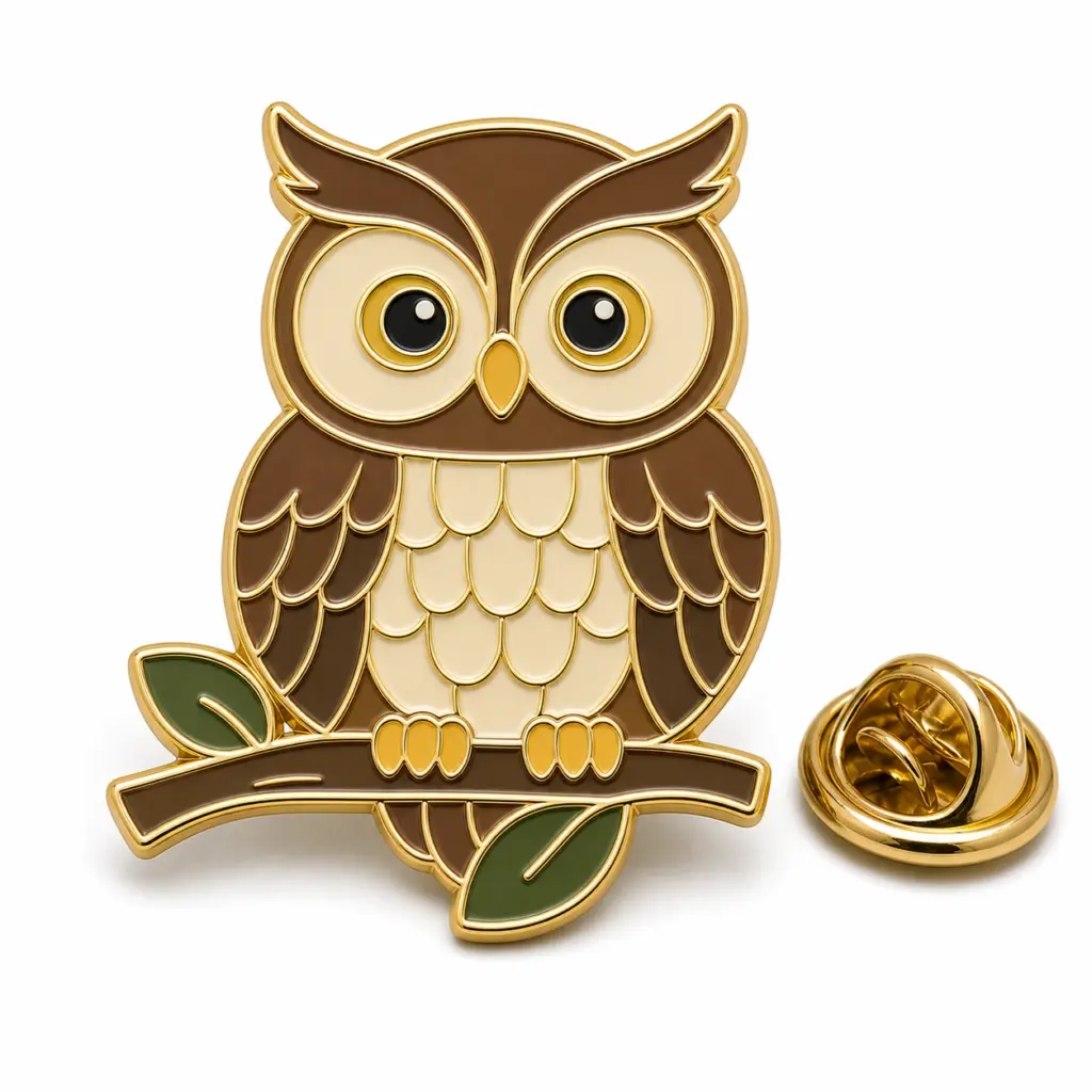Insignia de esmalte blando con forma de rama y búho posado, rama con hoja incorporada, separadores metálicos dorados y cierre de mariposa.
