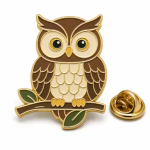 Owl branch soft enamel badge with perched owl, attached leaf branch, gold metal dividers, and butterfly clutch.