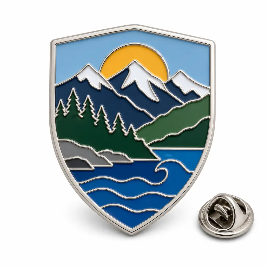 Épingle personnalisée en émail doux représentant les montagnes et l'océan de la Colombie-Britannique, avec des contours argentés et une pochette de papillon sur fond blanc.