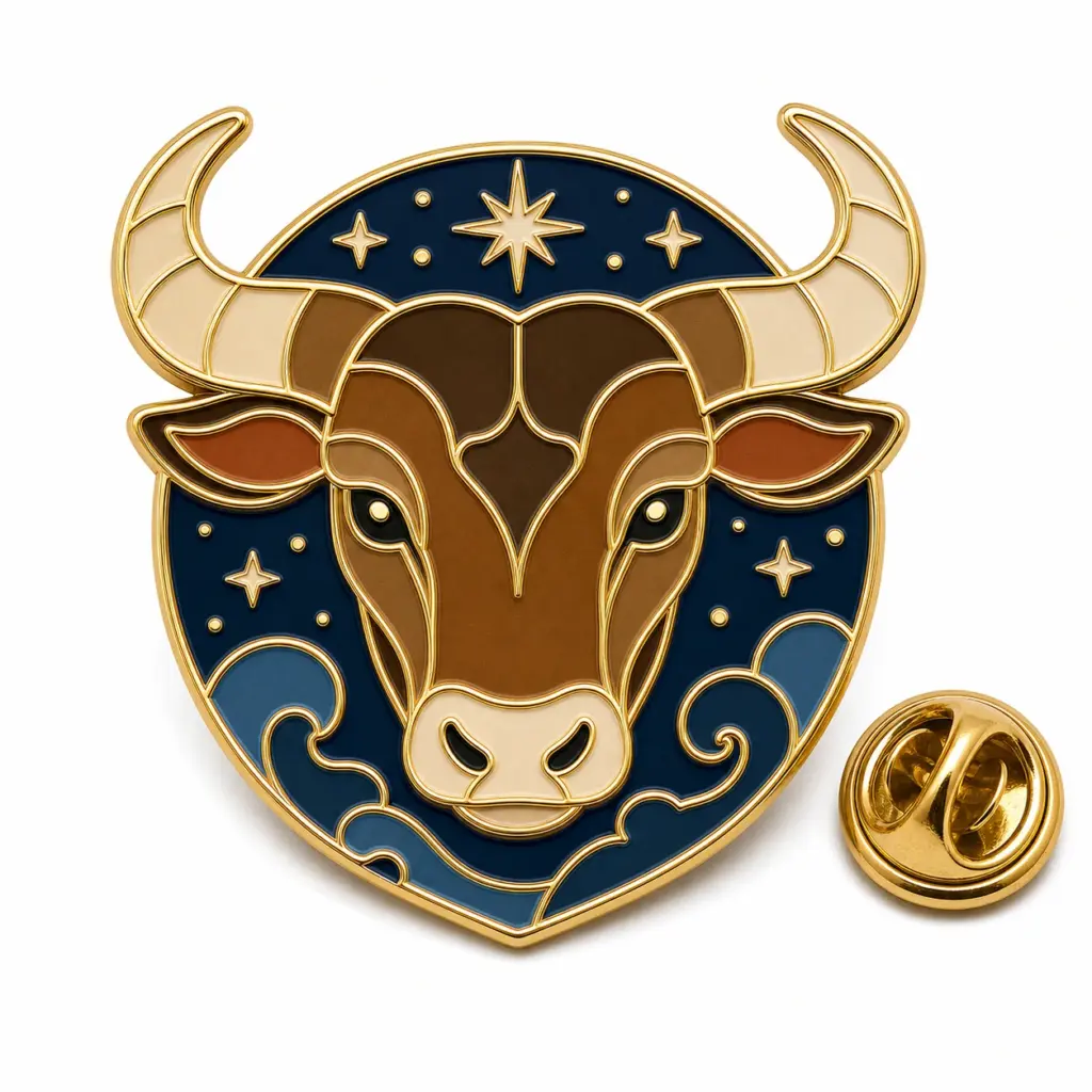 Badge en émail souple tête de taureau avec fortes cornes, alvéoles en étoile marine, intercalaires dorés et pochette papillon.