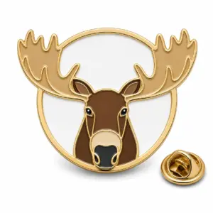 Custom bull moose head soft enamel pin with gold outlines and butterfly clutch on a white background.