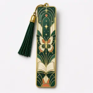 Butterfly book enamel bookmark pin with gold metal outline, dark green enamel body, butterfly, open book, star accents, art deco linework, and green tassel on a white background.