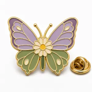 Butterfly bloom enamel badge with flower body and attached wings, gold metal dividers, and butterfly clutch.