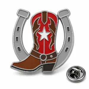 Custom Calgary Stampede boot horseshoe soft enamel pin with silver outlines and butterfly clutch on a white background.