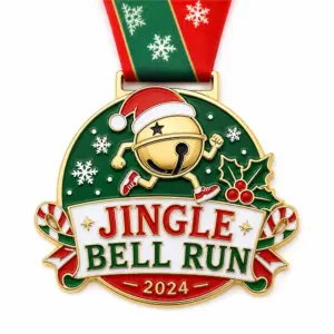 Candy cane bell Jingle Bell Run Medal soft enamel medal with raised gold outlines, running jingle bell in Santa hat, green winter background, snowflakes, holly berries, candy cane side ribbons, 2024 text, and holiday ribbon.