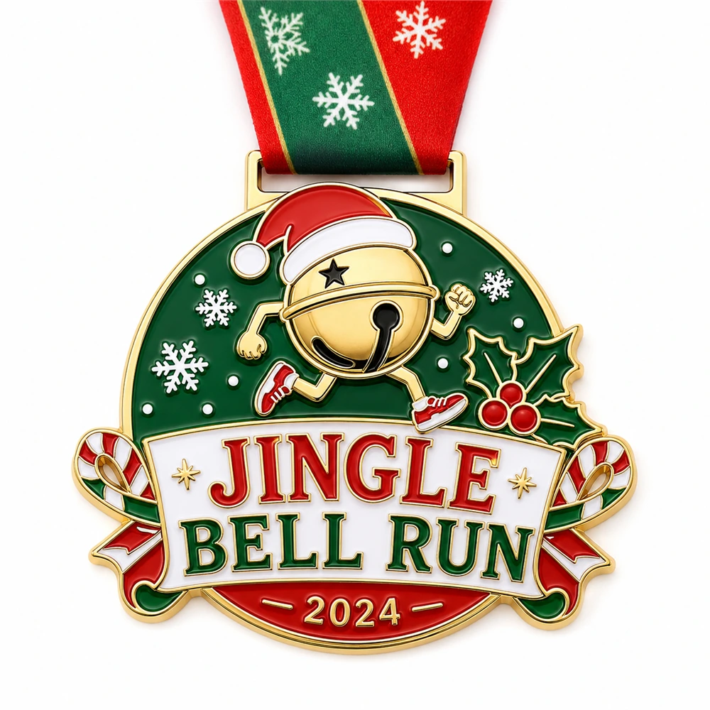 Candy cane bell Jingle Bell Run Medal soft enamel medal with raised gold outlines, running jingle bell in Santa hat, green winter background, snowflakes, holly berries, candy cane side ribbons, 2024 text, and holiday ribbon.