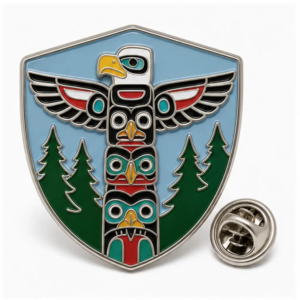 Custom cedar pole eagle shield soft enamel pin with stacked connected forms, raised metal color dividers, and butterfly clutch.