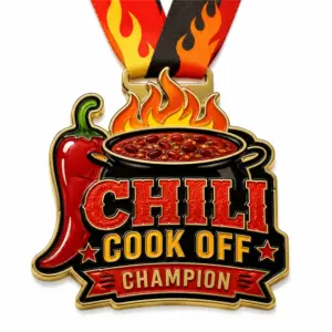 Champion pepper pot Chili Cook Off Medal soft enamel medal with raised gold outlines, red chili pepper, black chili pot, orange flames, red champion banner, flame ribbon, and white background.