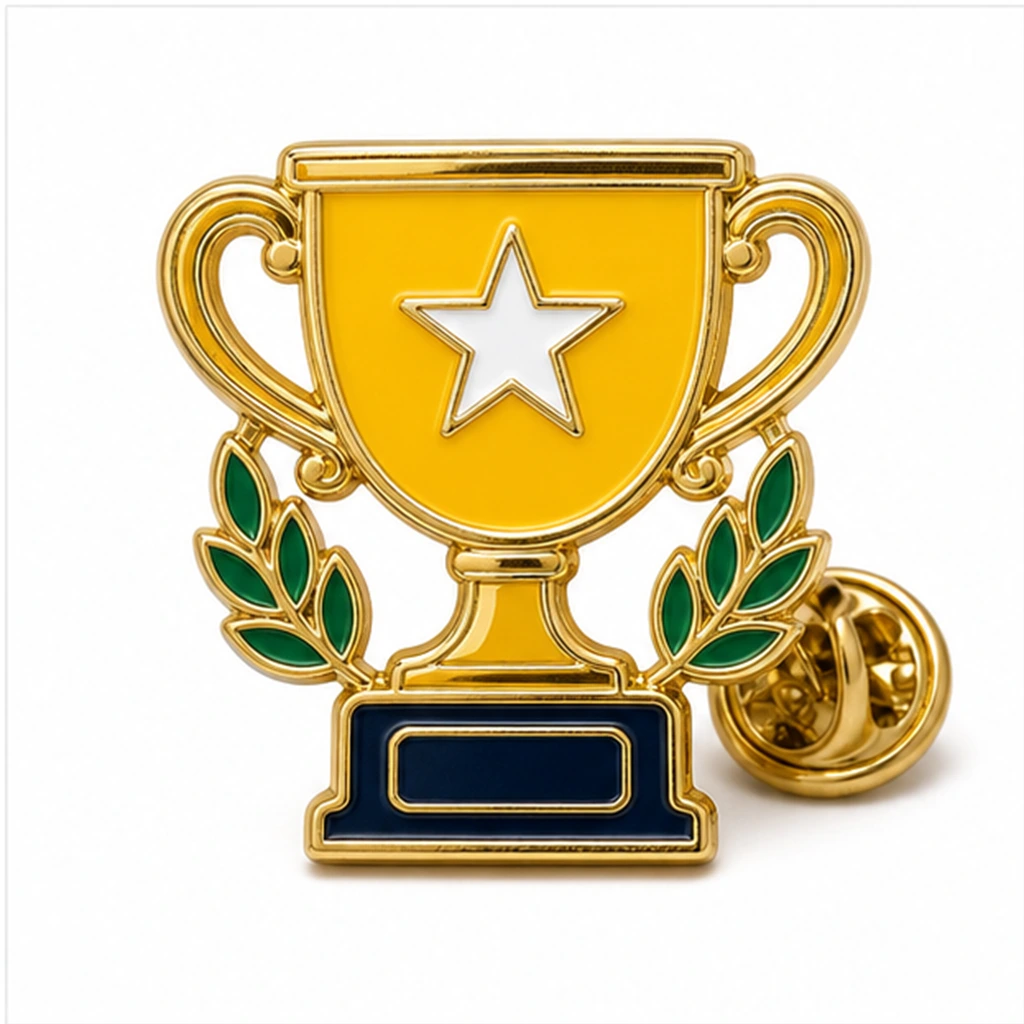 Custom champion trophy soft enamel pin with raised metal outlines and butterfly clutch on a white background.