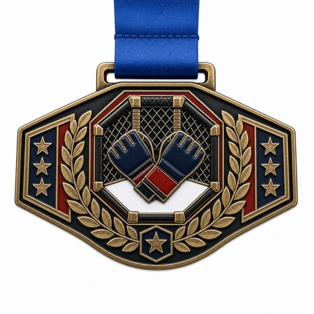 Medalla de esmalte blando con el diseño de un cinturón de campeonato de MMA, con contornos metálicos en bronce antiguo, una cinta azul, el perfil de una placa de cinturón, una jaula octogonal, guantes cruzados, una corona de laurel y un fondo blanco.