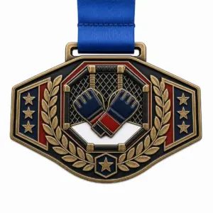 Championship belt MMA Medal soft enamel medal with antique bronze metal outlines, blue ribbon, belt-plate contour, octagon cage, crossed gloves, laurel wreath, and a white background.