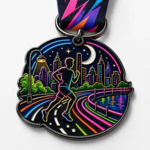City Light Trail Neon Night Run Medal soft enamel medal with raised metal dividers, runner silhouette, neon city skyline, moon, light trails, ribbon, and white background.