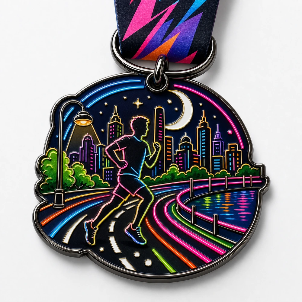 City Light Trail Neon Night Run Medal soft enamel medal with raised metal dividers, runner silhouette, neon city skyline, moon, light trails, ribbon, and white background.