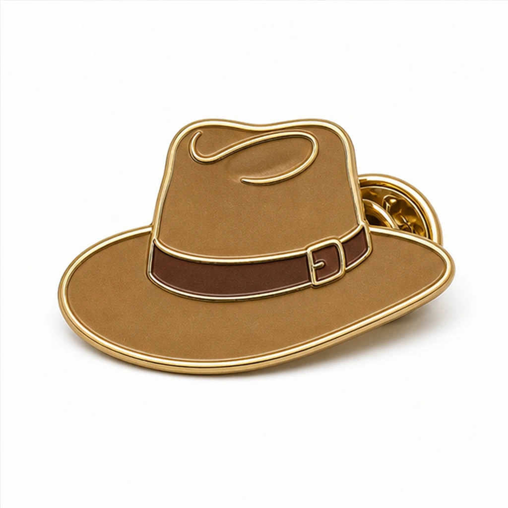 Épingle personnalisée en émail mou pour chapeau d'Akubra classique, avec des contours métalliques en relief et une pochette de papillon sur fond blanc.