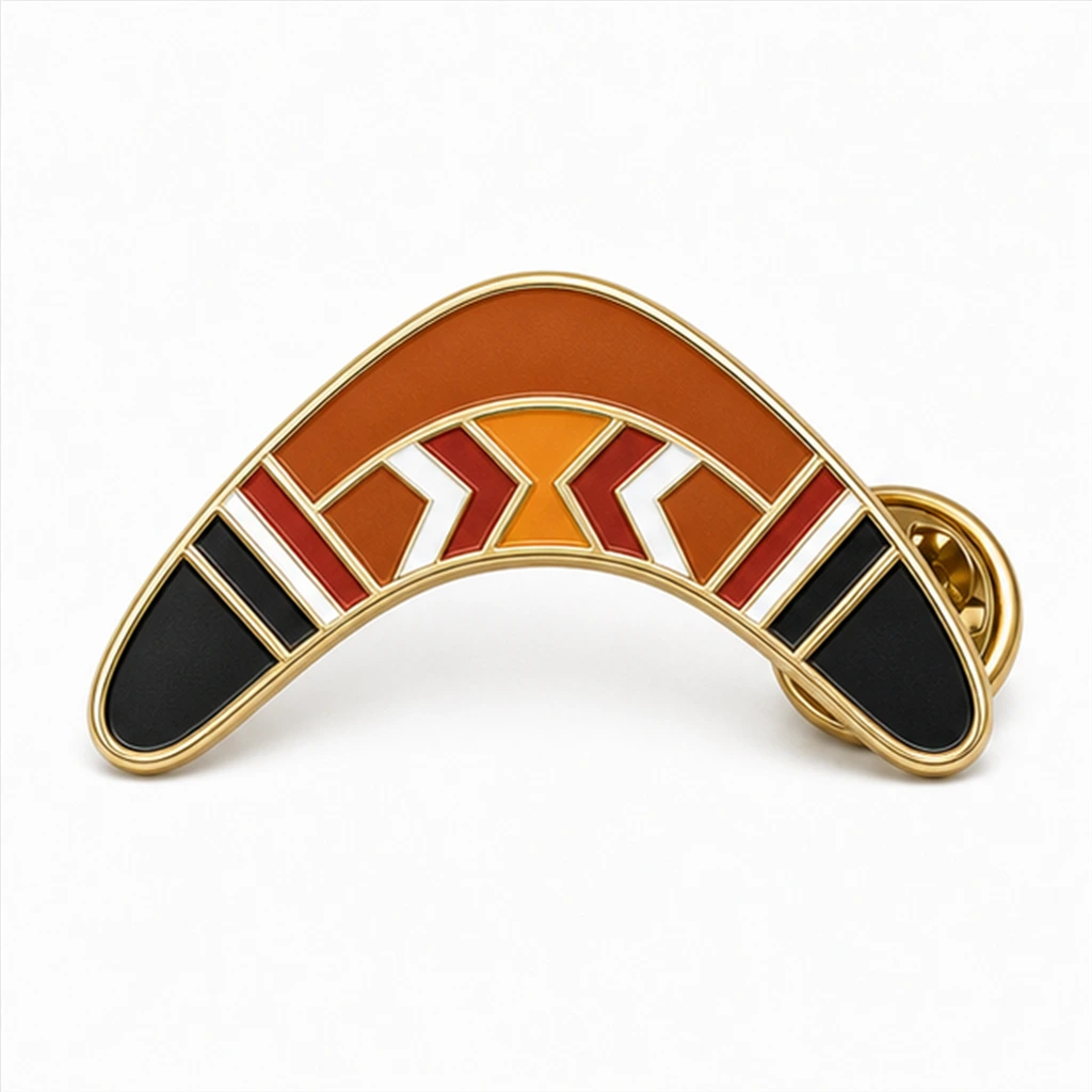 Custom classic boomerang soft enamel pin with raised metal outlines and butterfly clutch on a white background.