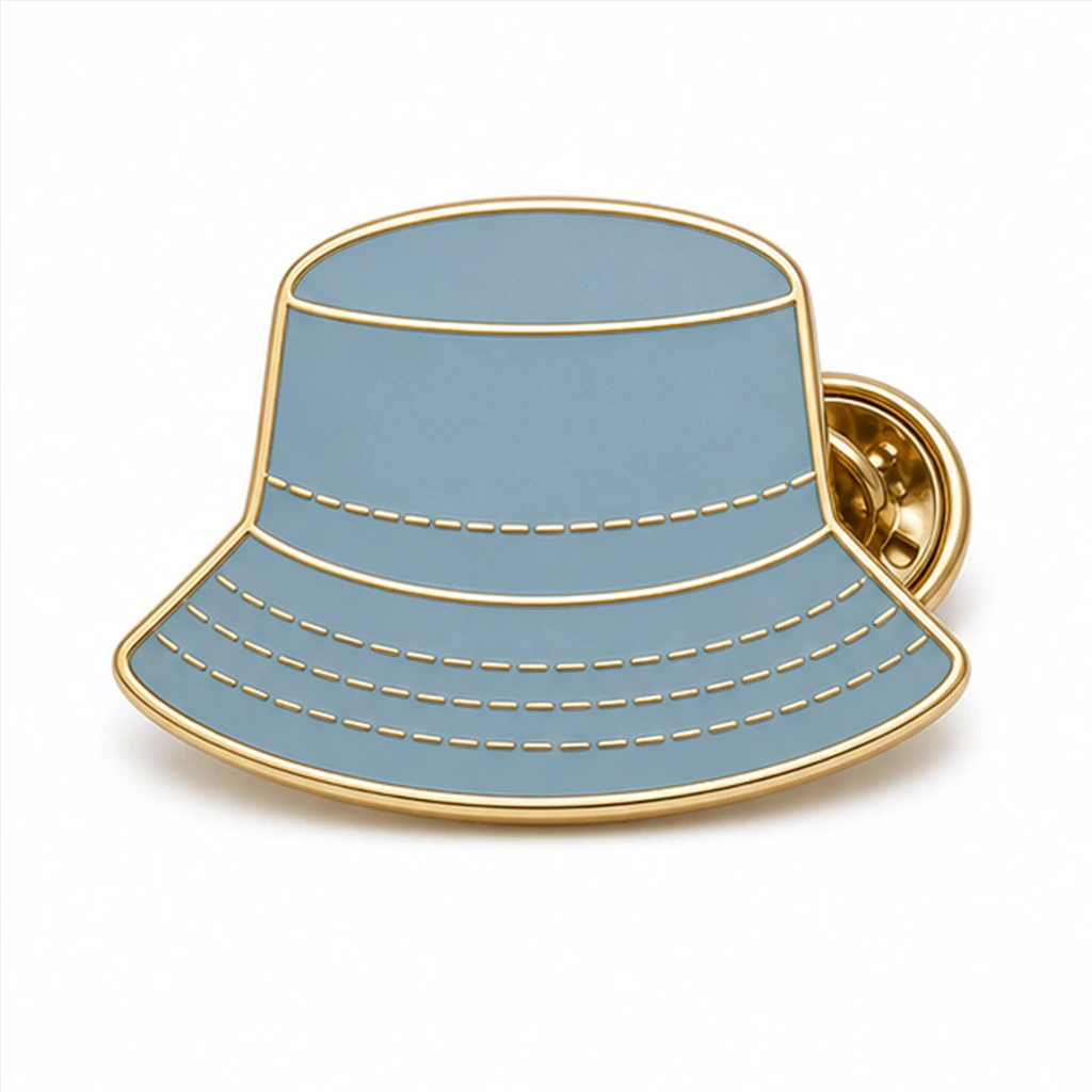 Custom classic bucket hat soft enamel pin with raised metal outlines and butterfly clutch on a white background.
