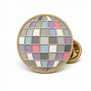 Custom classic disco ball soft enamel pin with raised metal outlines and butterfly clutch on a white background.