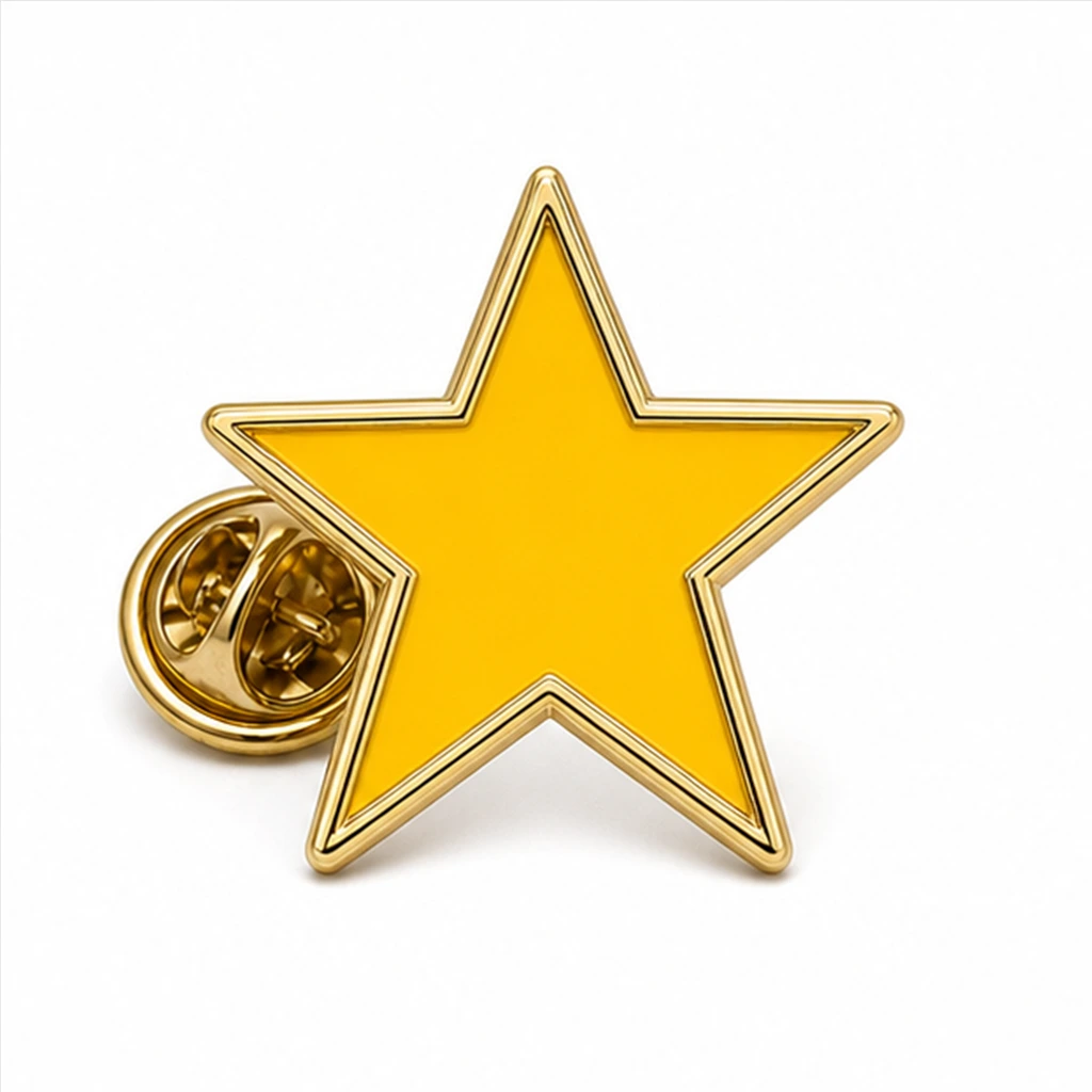 Custom classic gold star soft enamel pin with raised metal outlines and butterfly clutch on a white background.