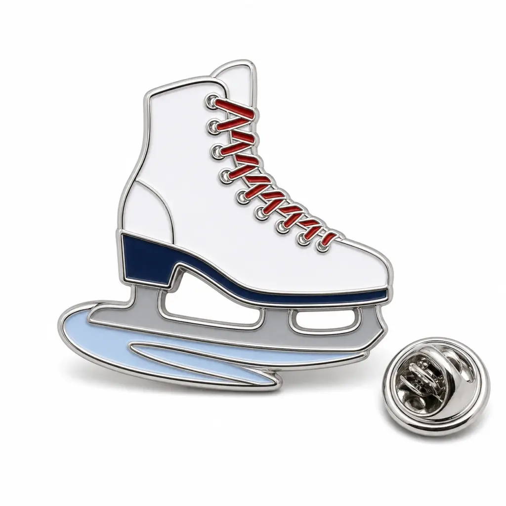 Custom classic ice skate soft enamel pin with silver outlines and butterfly clutch on a white background.