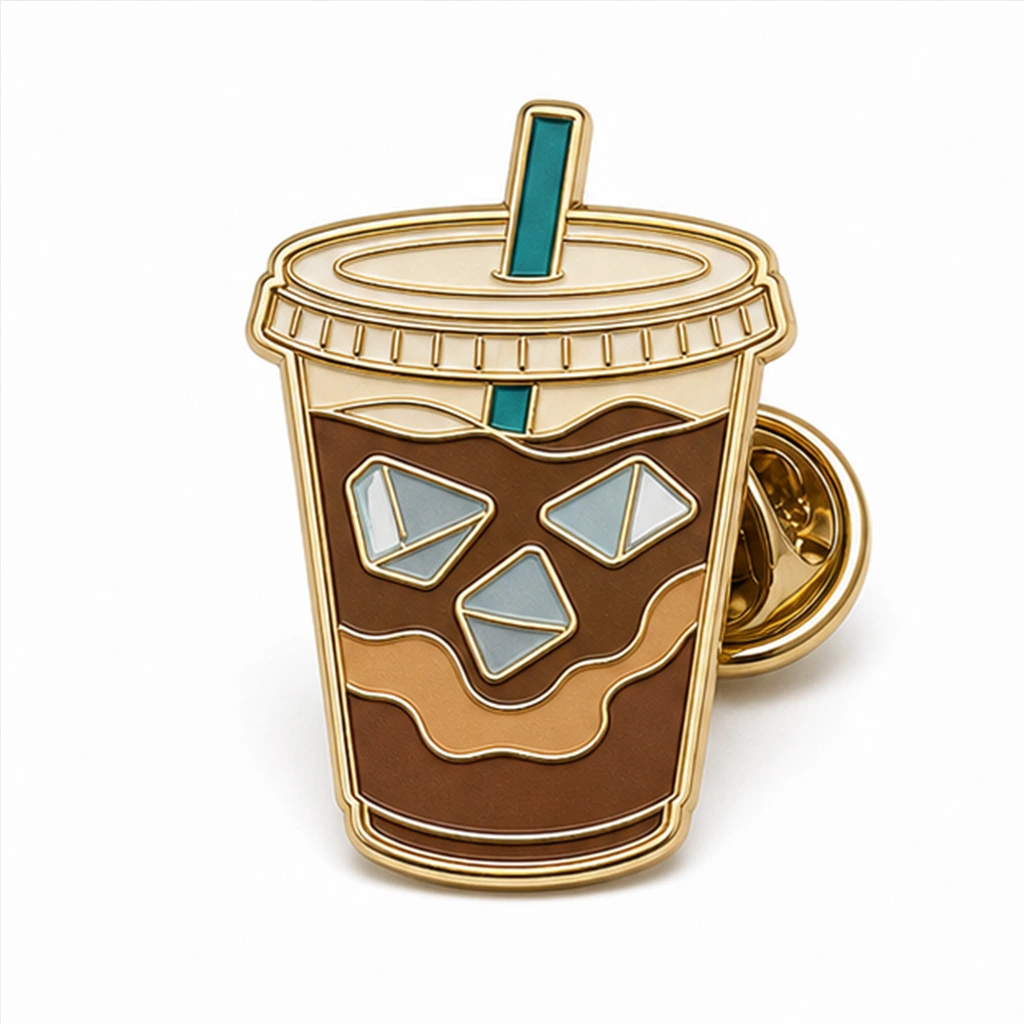 Épingle personnalisée en émail mou pour café glacé classique, avec des contours métalliques en relief et une pochette de papillon sur fond blanc.
