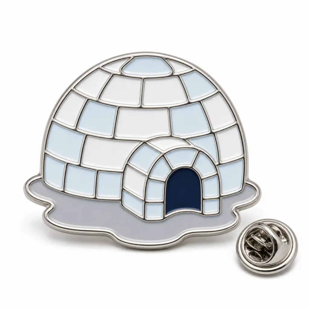 Custom classic igloo soft enamel pin with silver outlines and butterfly clutch on a white background.