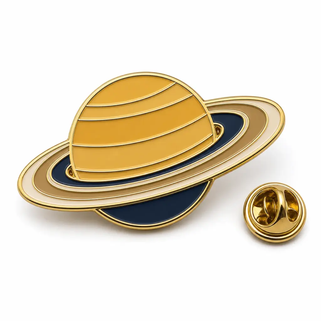 Insignia esmaltada clásica con los anillos de Saturno, con el planeta dorado, los anillos en color crema, separadores dorados, sombra azul marino y cierre de mariposa.