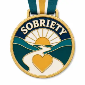 classic sobriety milestone medal soft enamel medal with raised metal dividers, flat enamel colors, attached ribbon loop, and white studio background.