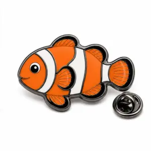 Custom clownfish classic soft enamel pin with raised metal outlines and butterfly clutch on a white background.