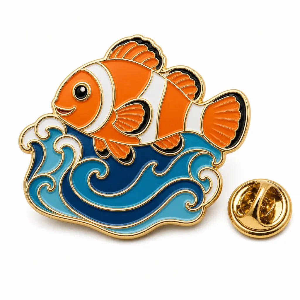 Badge en émail souple avec vagues bleues, poissons orange, intercalaires dorés et pochette papillon.