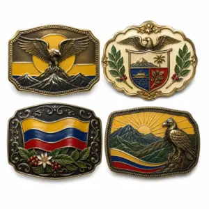 A set of four belt buckles featuring Colombian national motifs, including eagles, mountains, the Colombian flag, and decorative greenery.