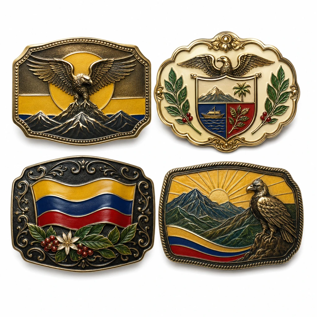 Un juego de cuatro hebillas de cinturón con motivos nacionales colombianos, entre los que se incluyen águilas, montañas, la bandera colombiana y motivos vegetales decorativos.