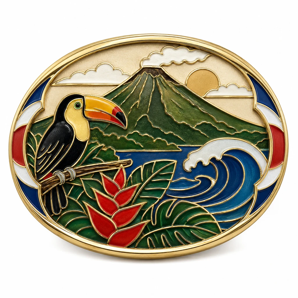 Una hebilla de cinturón con la forma de Costa Rica en la que aparece un tucán volando sobre cafetos, palmeras y un paisaje montañoso