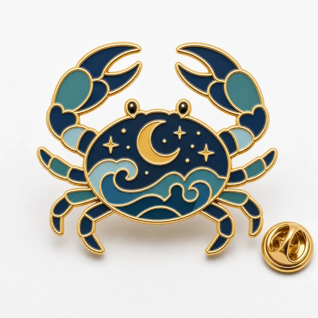 Badge en émail souple en forme de crabe du cancer avec croissant de lune, alvéoles en vague marine, intercalaires dorés et pochette papillon.