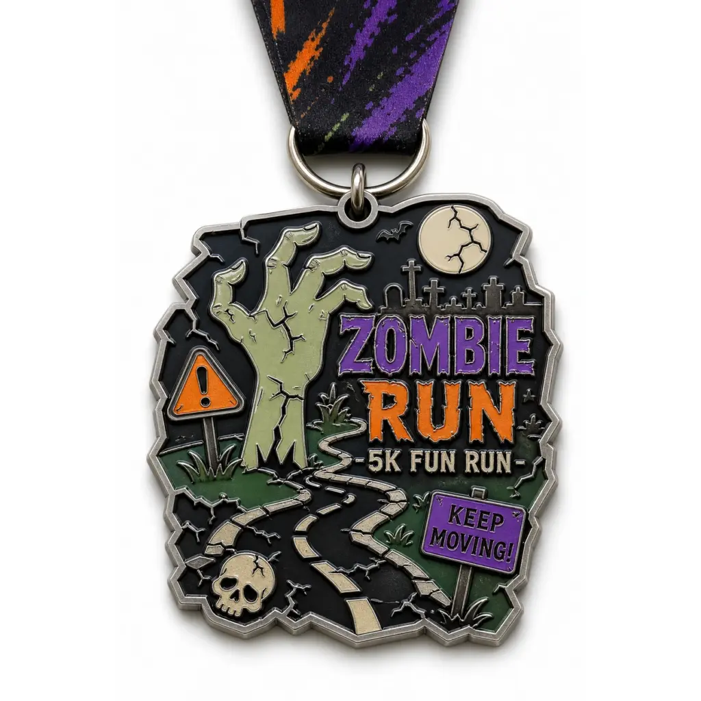 Medalla de esmalte blando con motivos de «Route Hand Zombie Run»: divisiones metálicas en relieve, rellenos de esmalte brillante, cinta incorporada y fondo blanco de estudio.
