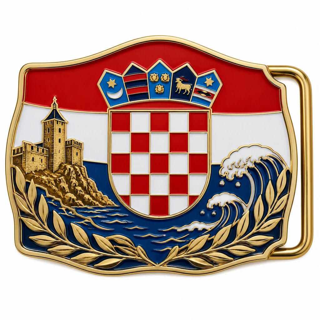 Una hebilla de cinturón con un diseño detallado inspirado en Croacia, que representa la bandera nacional en rojo, blanco y azul, con el emblemático escudo a cuadros rojos y blancos en el centro.