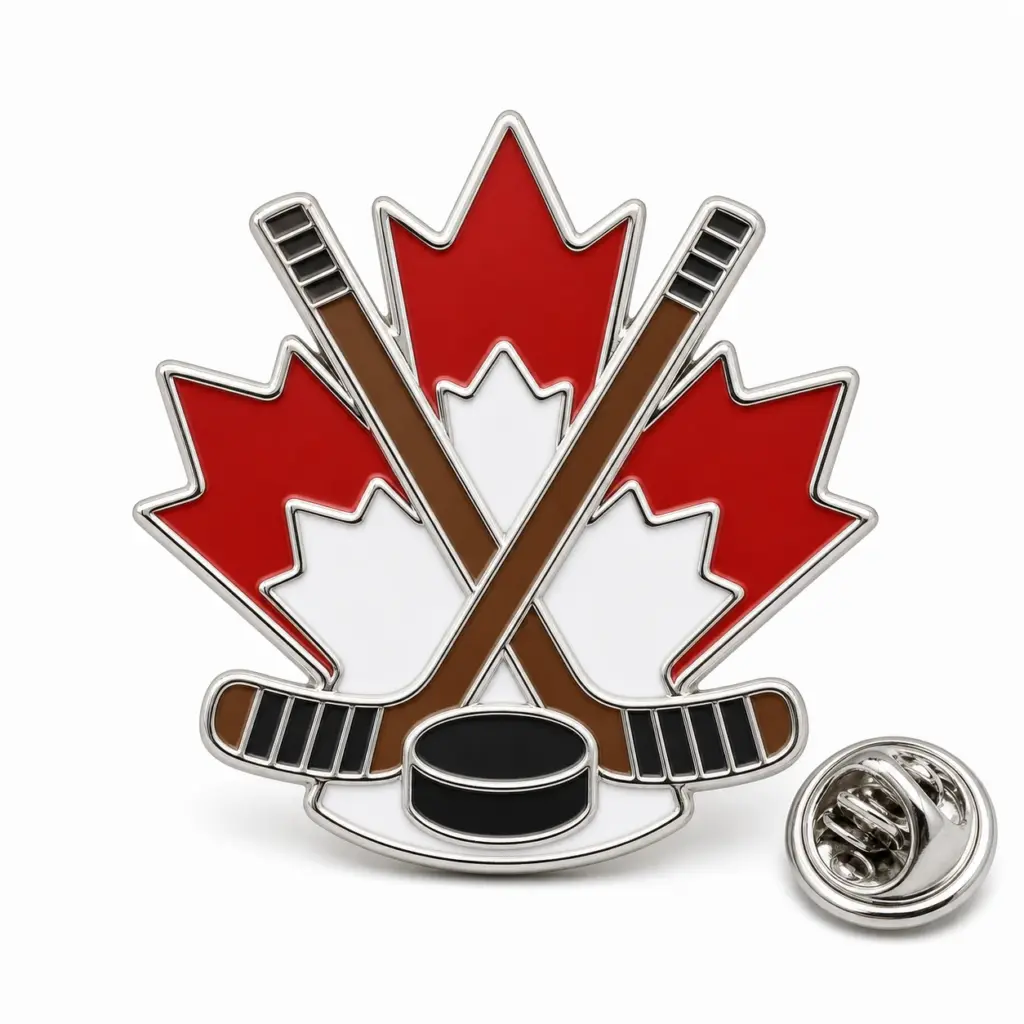Custom crossed hockey sticks soft enamel pin with silver outlines and butterfly clutch on a white background.