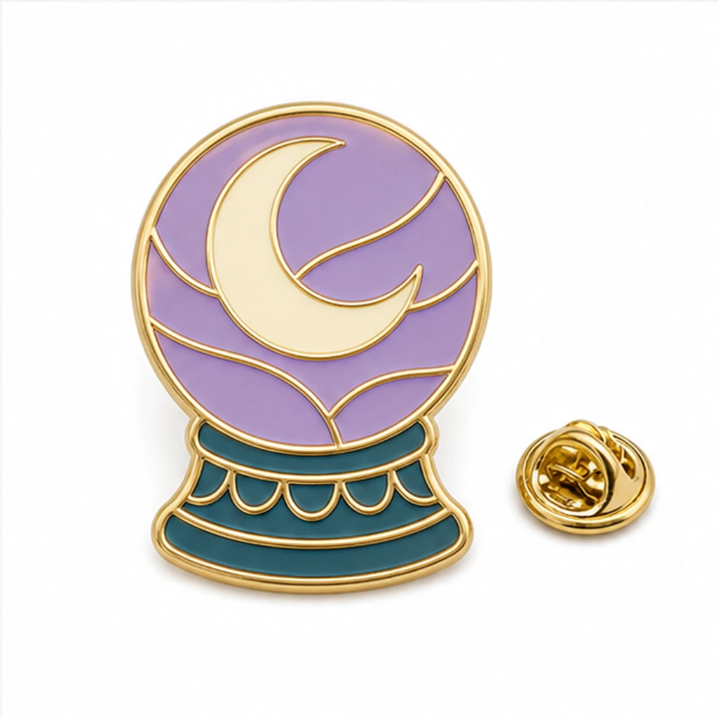 Custom crystal ball moon soft enamel pin with raised metal outlines and butterfly clutch on a white background.