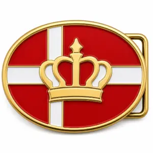 Denmark soft enamel belt buckle with gold metal frame, right side belt loop hardware, red Danish flag background with white Nordic cross and raised crown emblem on white background.