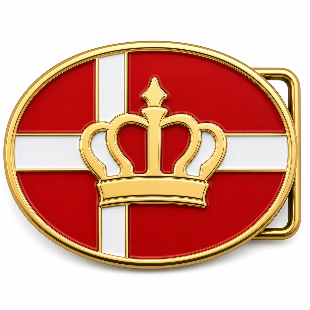 Boucle de ceinture en émail souple du Danemark avec cadre en métal doré, passant de ceinture du côté droit, fond rouge du drapeau danois avec croix nordique blanche et emblème de la couronne en relief sur fond blanc.