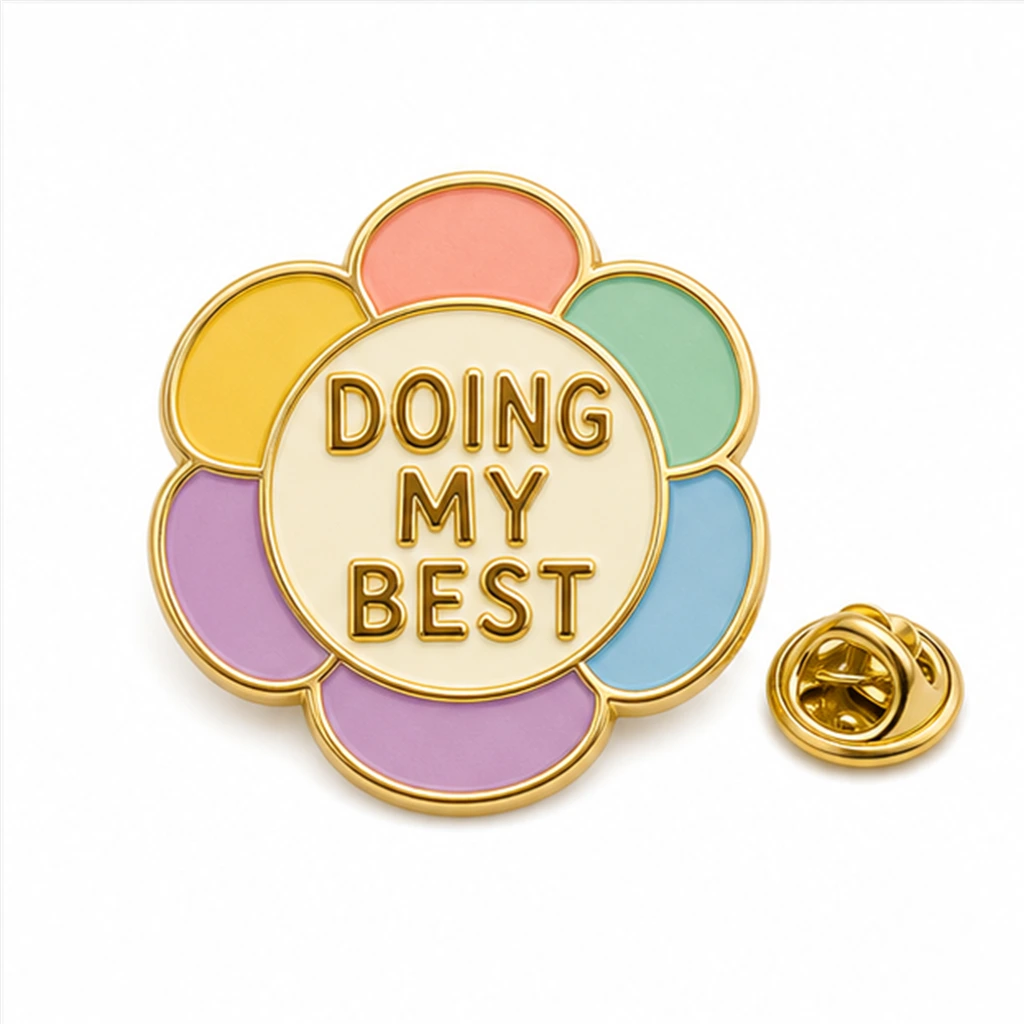 Custom doing my best flower soft enamel pin with raised metal outlines and butterfly clutch on a white background.