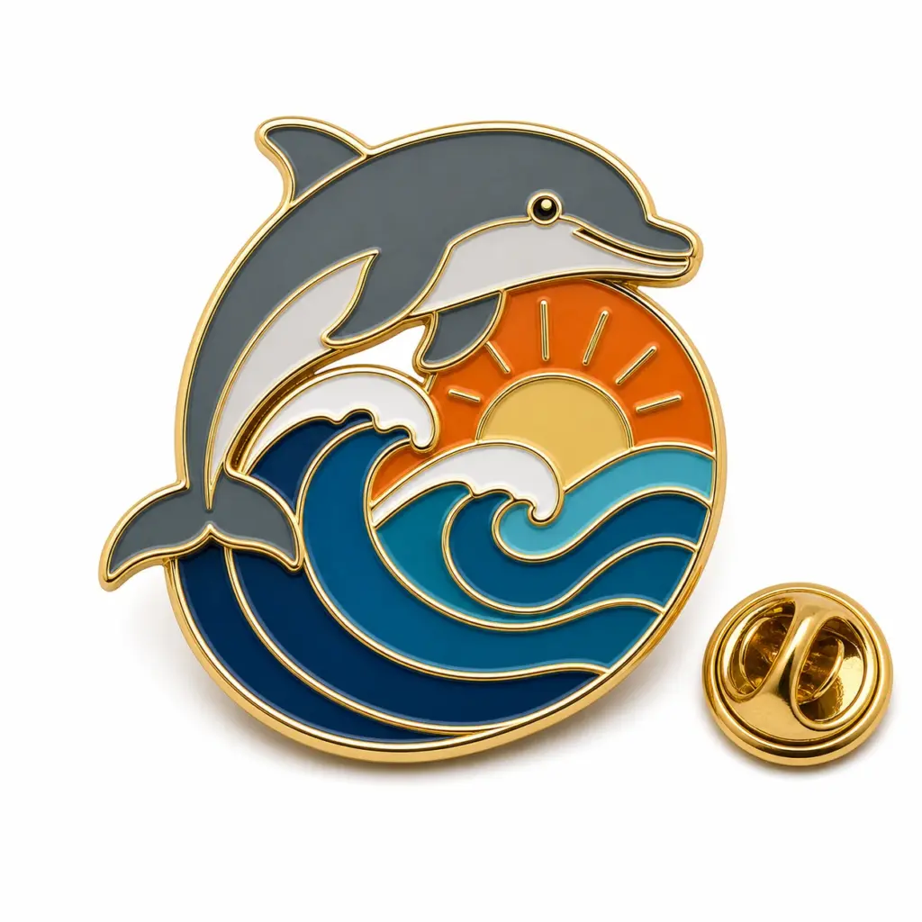Badge en émail souple avec dauphin bondissant, cellules de vagues bleues, lever de soleil, intercalaires dorés et pochette papillon.