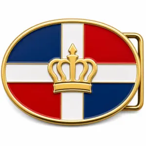 Dominican Republic soft enamel belt buckle with gold metal frame, right side belt loop hardware, red white and blue flag design with raised crown emblem on white background.