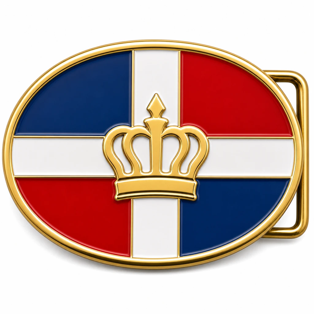 Boucle de ceinture en émail souple de la République dominicaine avec cadre en métal doré, passant de ceinture du côté droit, drapeau rouge, blanc et bleu avec emblème de la couronne en relief sur fond blanc.