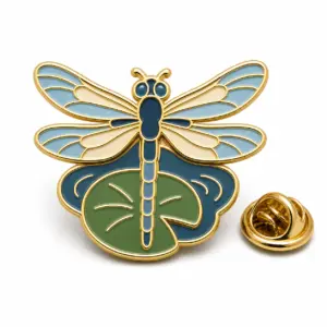 Dragonfly pond enamel badge with attached wings and leaf base, gold metal dividers, and butterfly clutch.