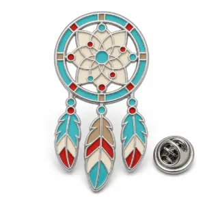 Custom dreamcatcher hoop soft enamel pin with silver outlines and butterfly clutch on a white background.