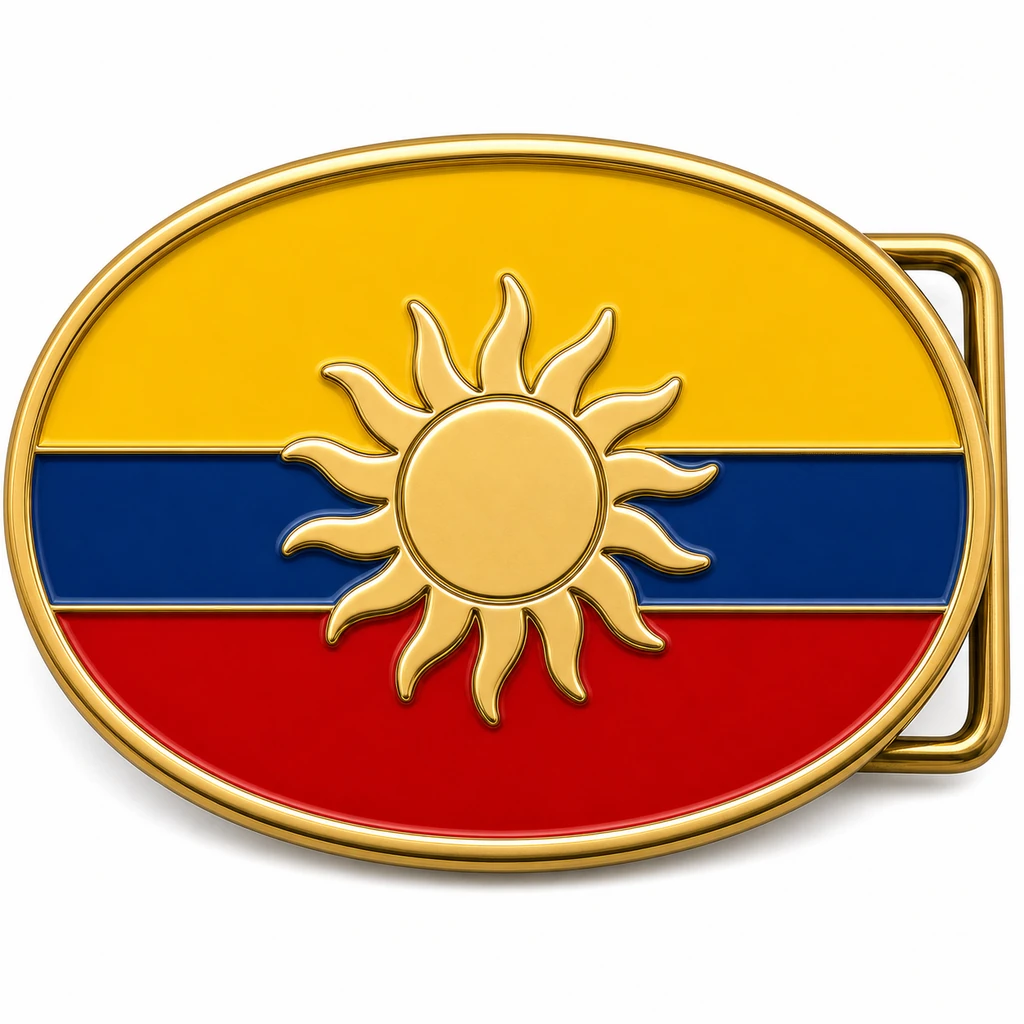 Boucle de ceinture en émail souple de l'Équateur avec cadre en métal doré, passant de ceinture du côté droit, bandes de drapeaux jaune, bleu et rouge avec emblème du soleil en relief sur fond blanc.