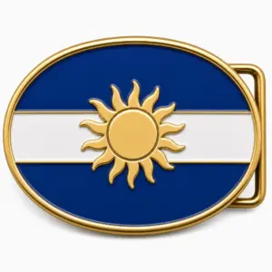 El Salvador soft enamel belt buckle with gold metal frame, right side belt loop hardware, blue white and blue flag bands with raised sun emblem on white background.