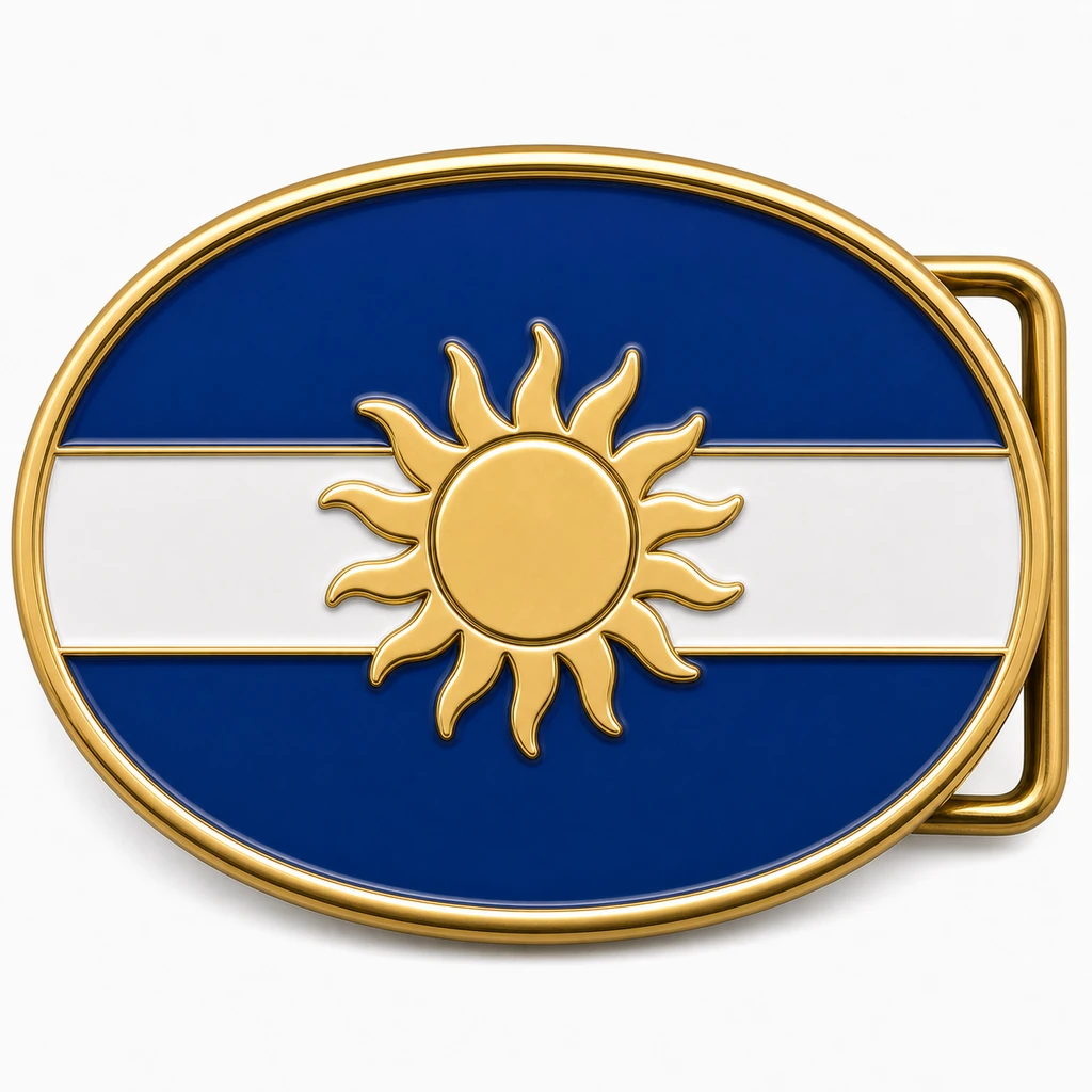 Boucle de ceinture en émail doux du Salvador avec cadre en métal doré, passant de ceinture du côté droit, bandes de drapeaux bleu blanc et bleu avec emblème du soleil en relief sur fond blanc.