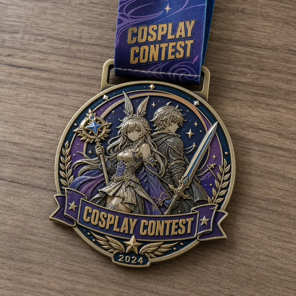 Fantasy duo Cosplay Contest Medal soft enamel medal with raised gold outlines, two fantasy characters, sword, staff, stars, purple enamel, and ribbon.